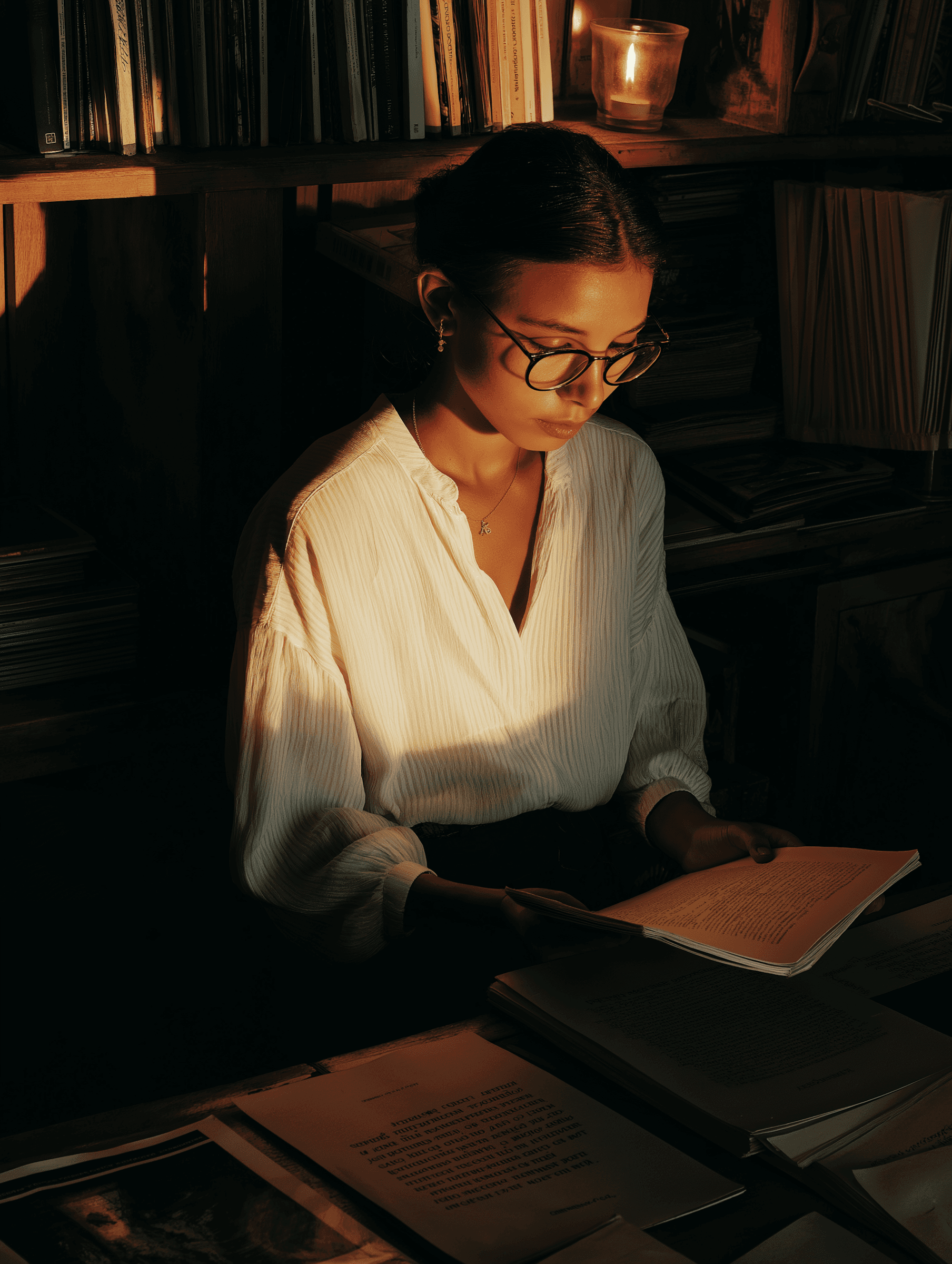 Candlelit scene of a person reading in a library, surrounded by books and a cozy, warm ambiance.