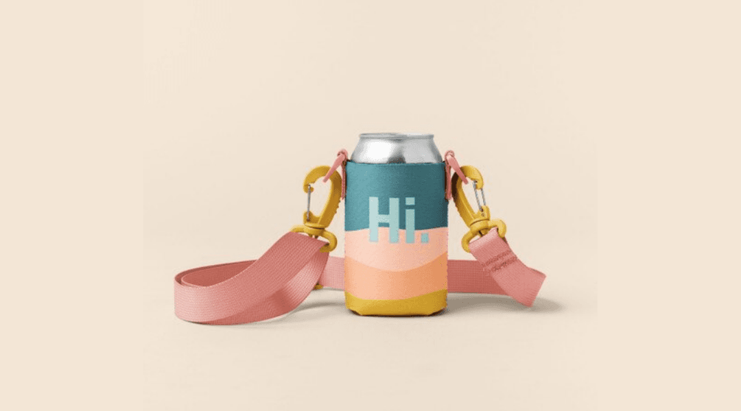 A can koozie with a lanyard strap.