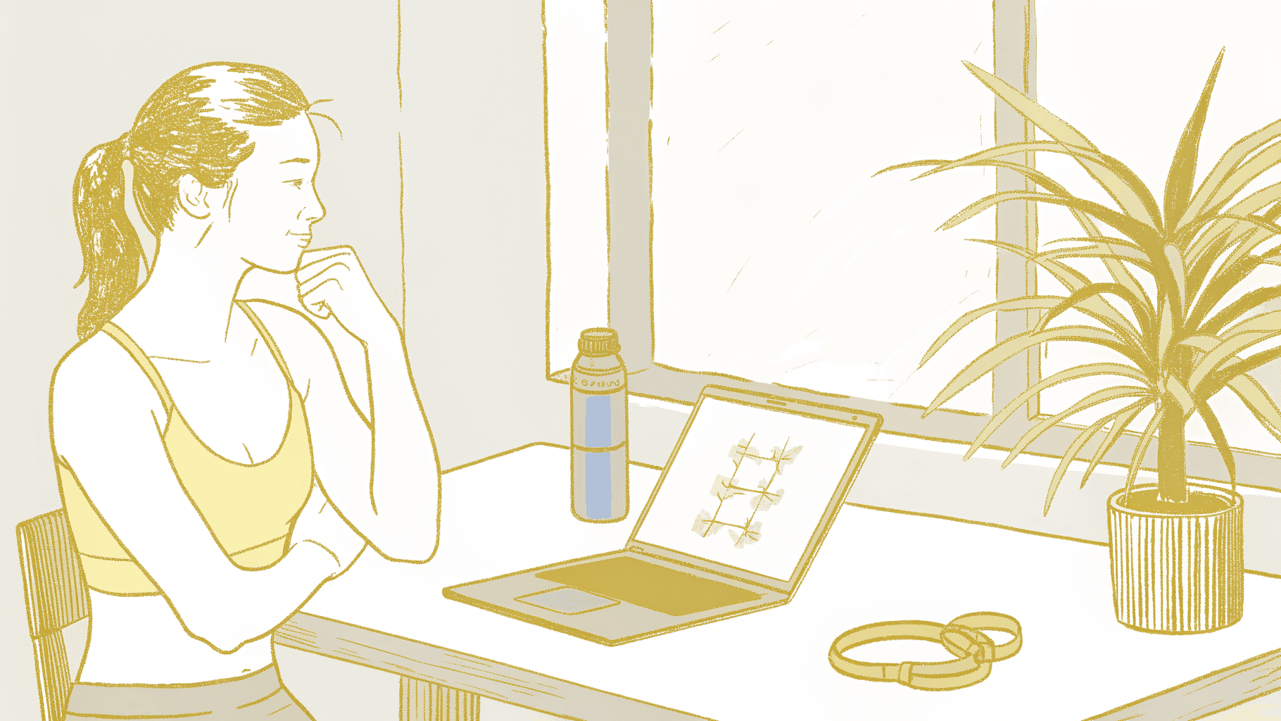  Young woman in workout gear reviewing a Lagree Pilates self-assessment on a laptop