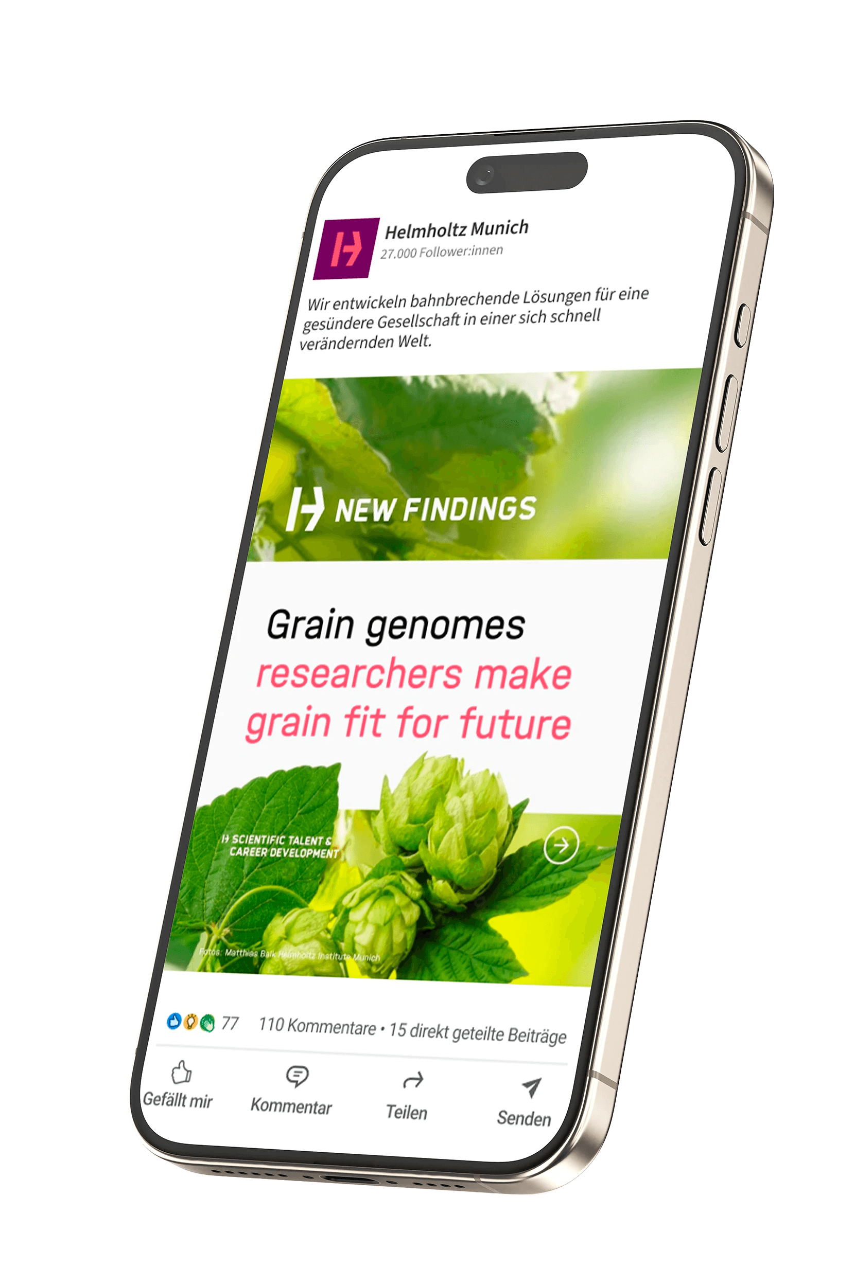Das Bild zeigt ein schräges Handy in 3D Optik. Auf dem Bildschirm erkennt man deinen Screenshot von einem LinkedIn Posting des Helmholtz Institute Munich. Auf dem Bild sieht man ein von der Erstellerin gestaltetes Layout Template.