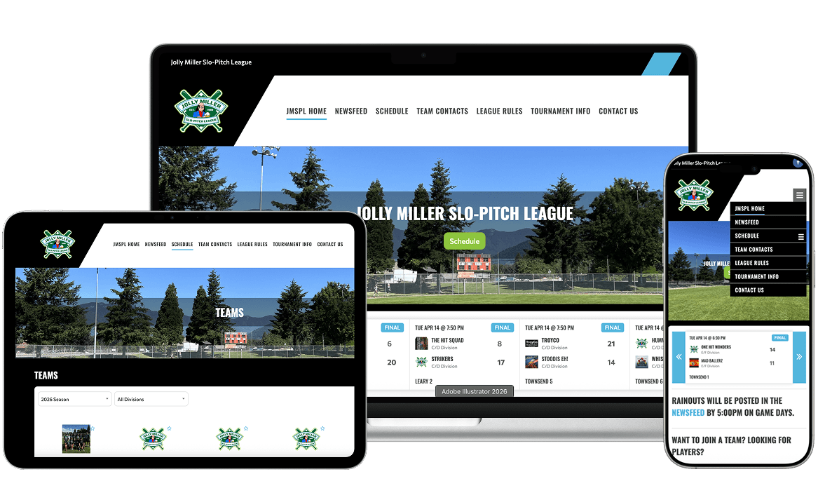 Seneca Slo-Pitch Website in Desktop, Mobile and Tablet size powered by TeamLinkt.
