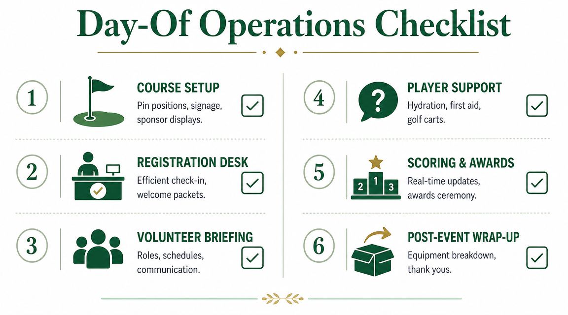 A checklist infographic outlining six essential operational steps for managing a successful golf event tournament.