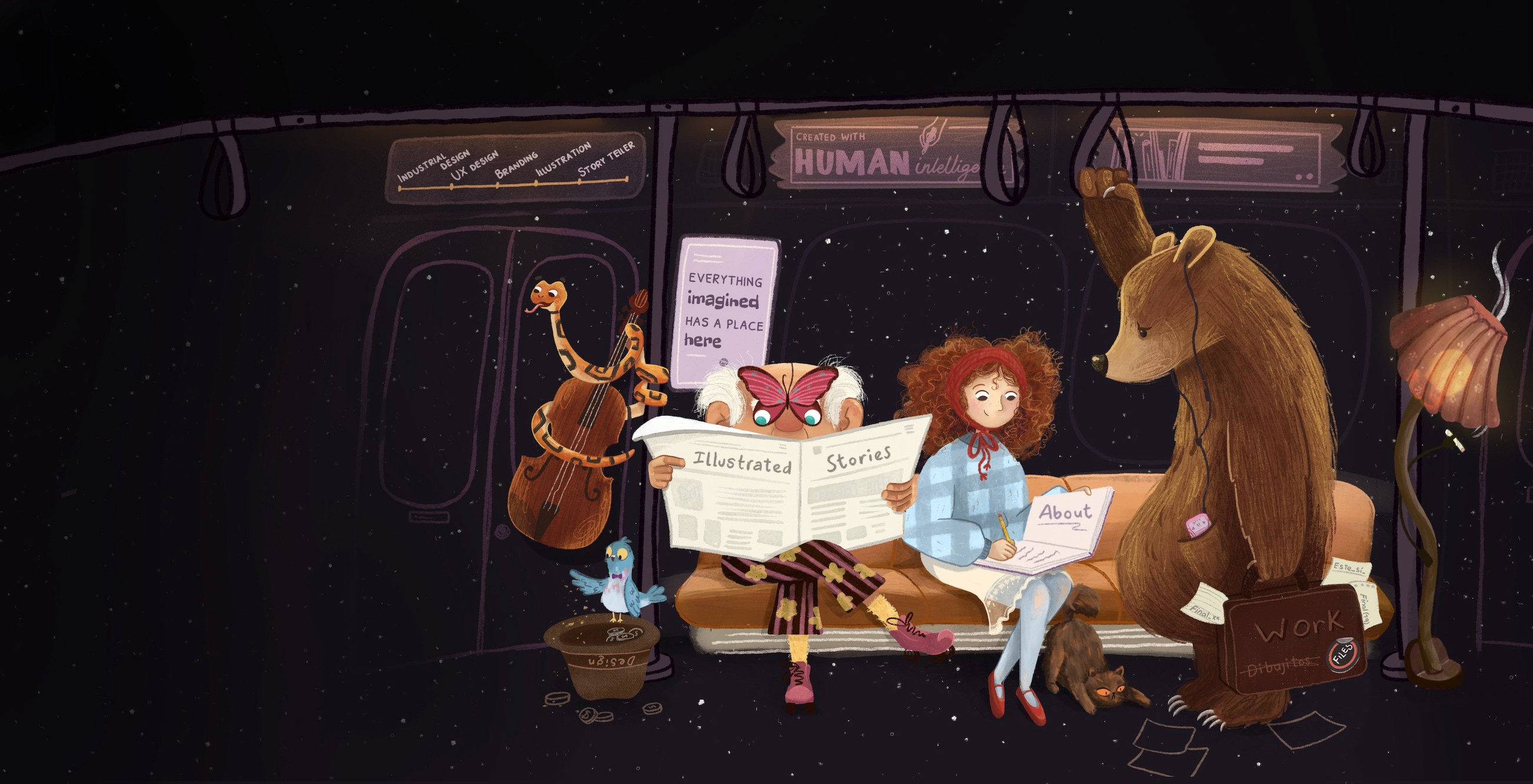 A surreal train traveling through space carrying different characters, including an elderly reader, a snake playing a viola, a bear listening to music, and a woman writing in a notebook.
