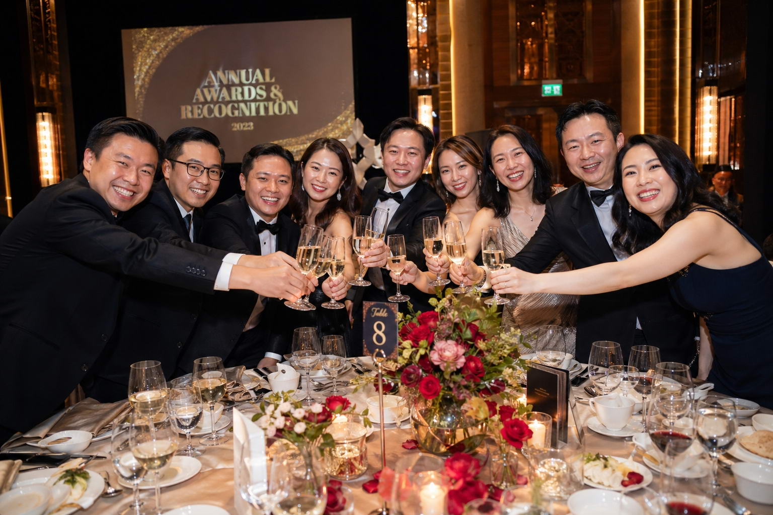 BW Event 360 策劃的保險團隊週年獎勵晚宴,頒獎禮上團隊成員舉杯慶祝。