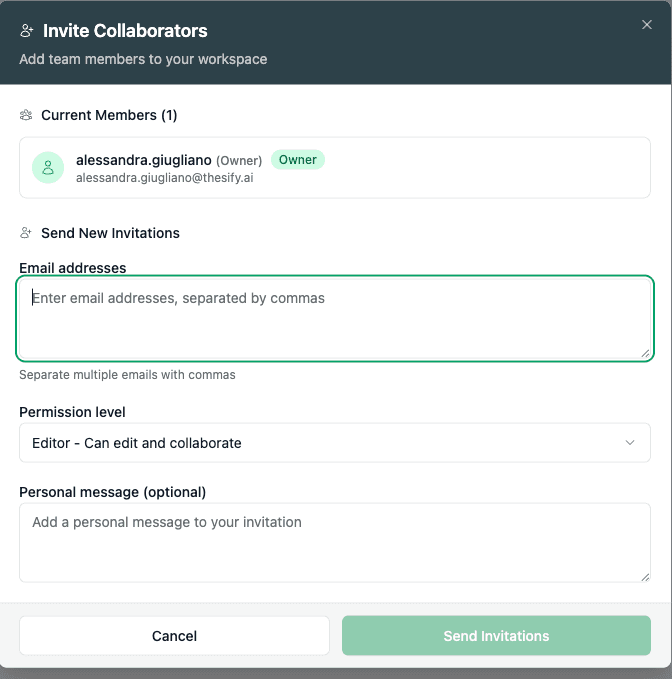Coauthor invitation panel showing editor access for a shared research manuscript workspace