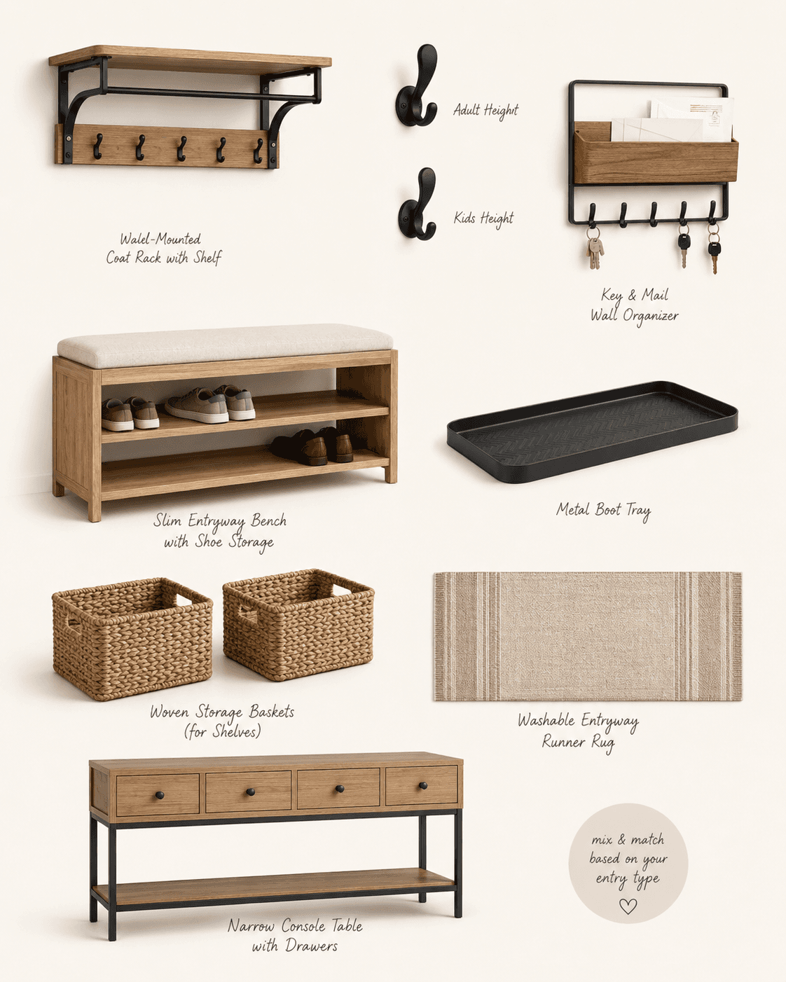 A mood board of entryway products in white oak, black metal and cream upholstry.