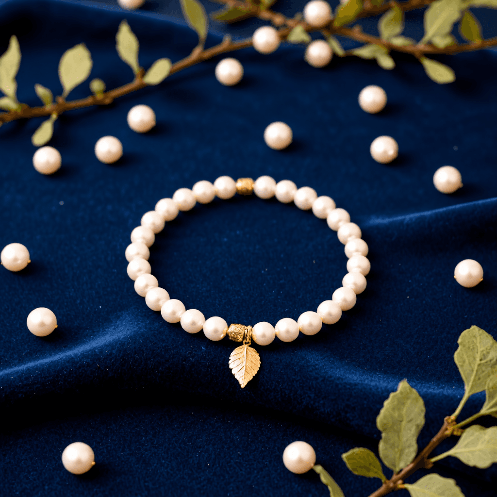 product photography of a bracelet made of pearls with a gold accent