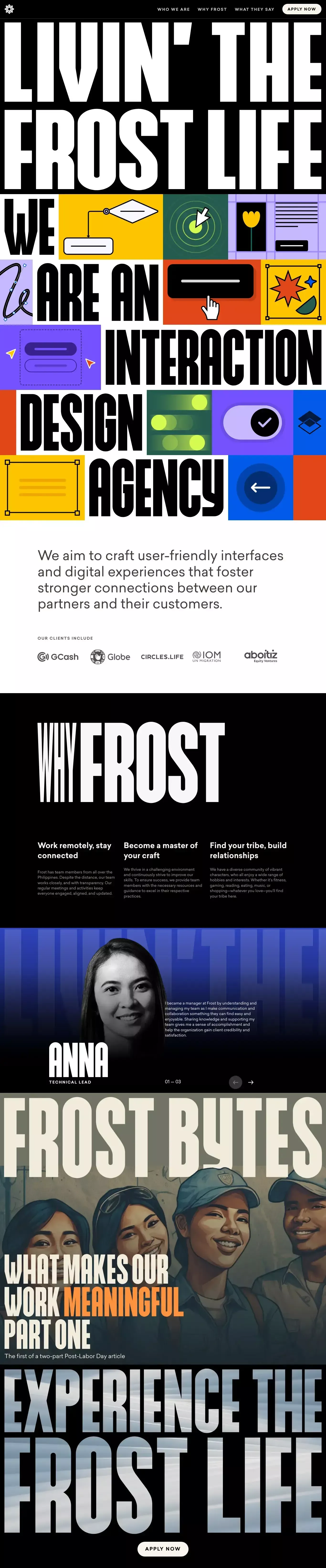 Life at Frost portfolio page screenshot showcasing Design and Tech design