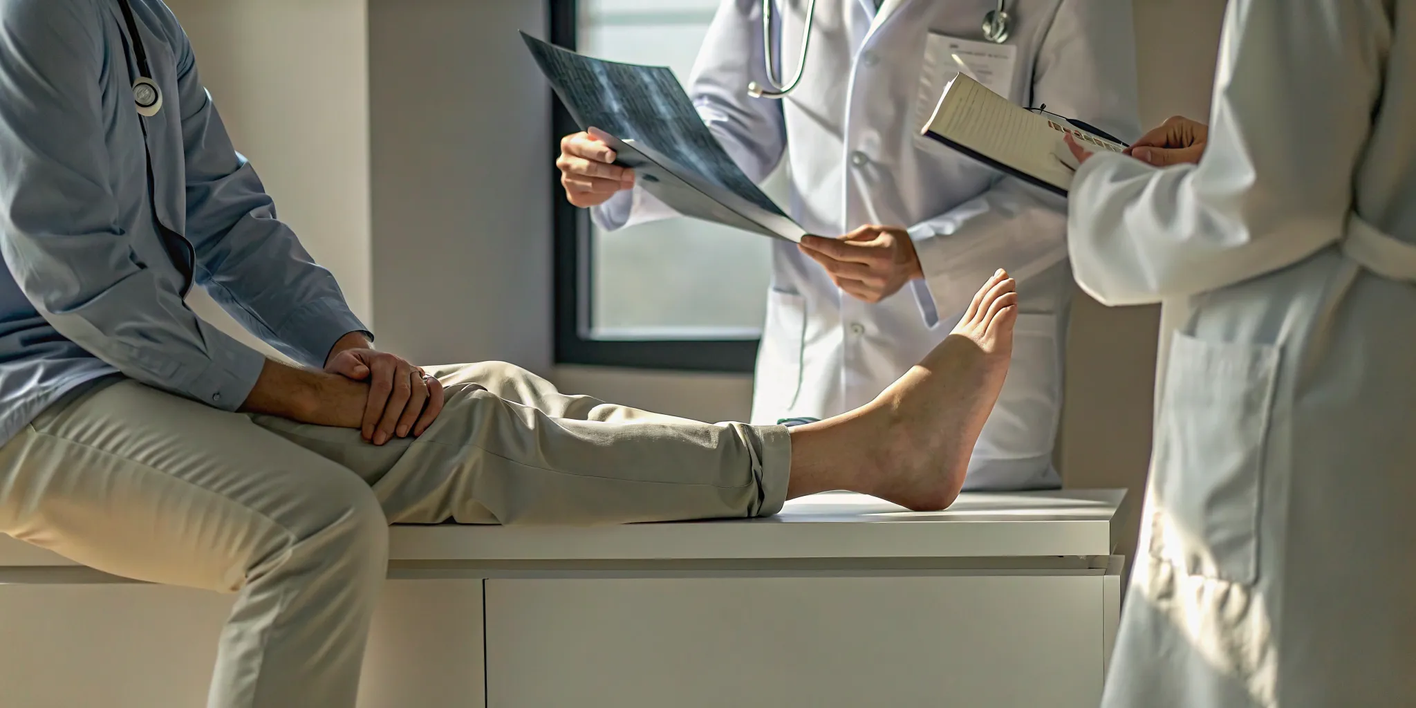 A podiatrist or orthopedist reviews a foot X-ray with a patient to decide on foot surgery.