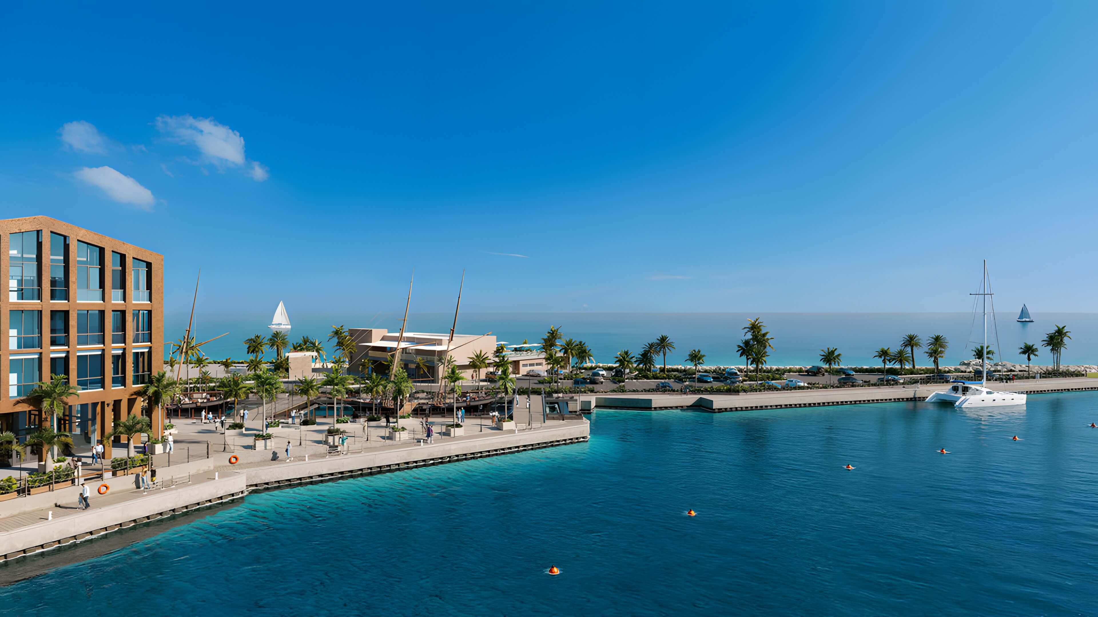 Resort lagoon with beach and palm trees