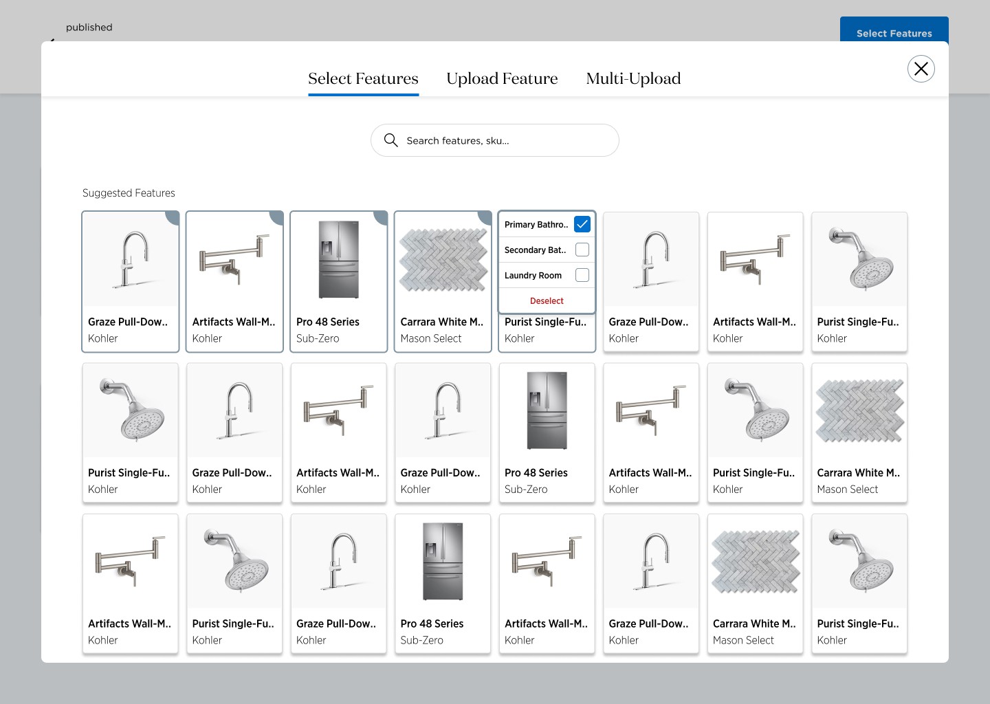 Feature selection screen that also assigning locations to each feature