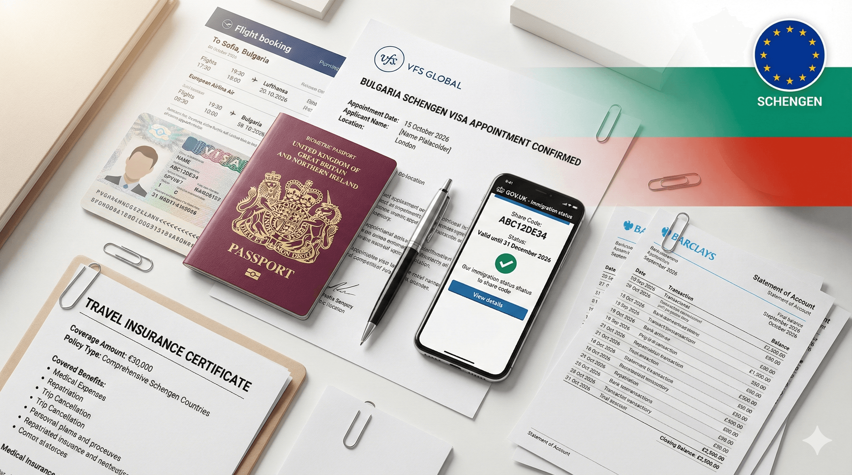 Bulgaria Schengen visa application documents including passport, UK immigration share code, and VFS Global appointment booking form for UK residents