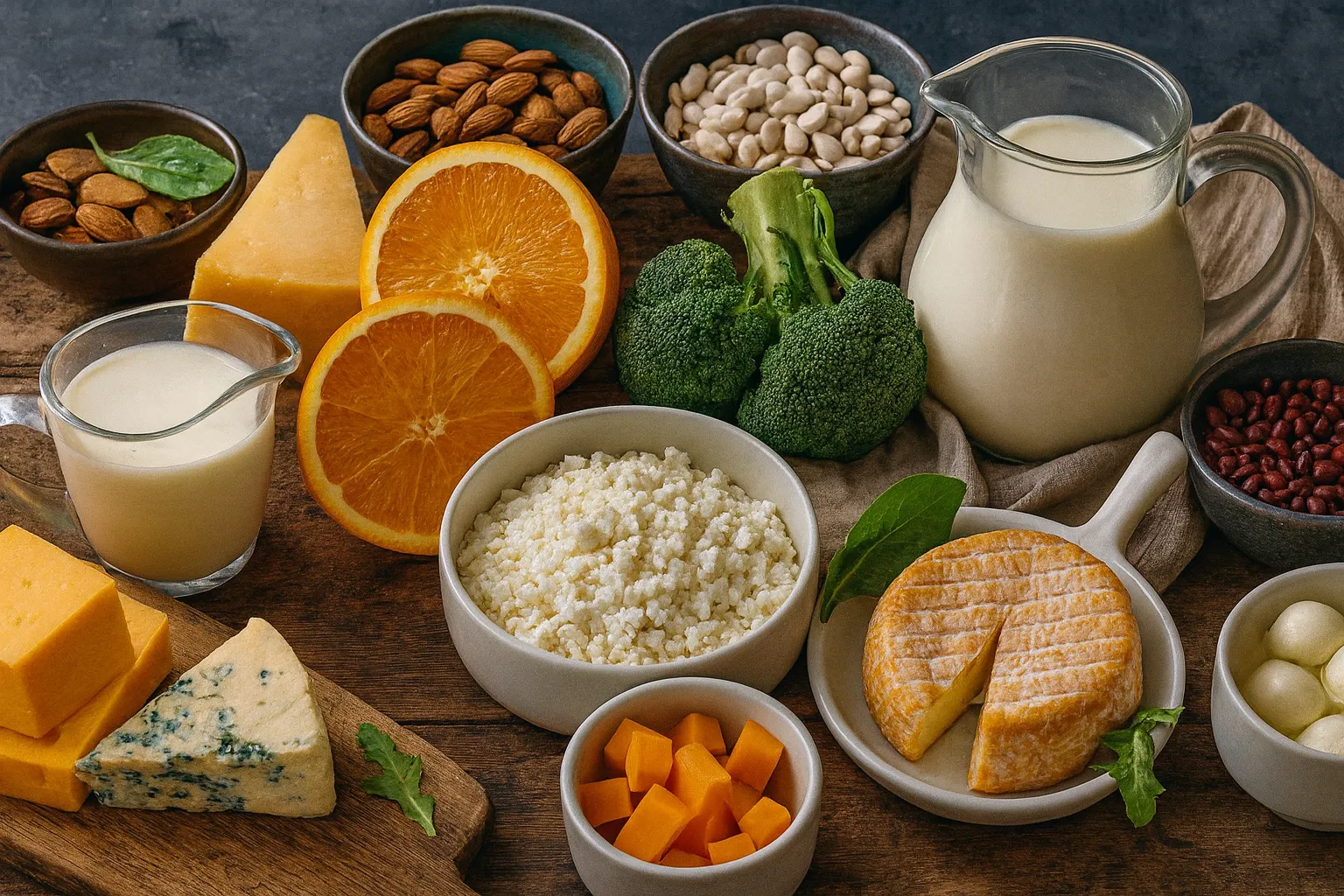 Small bowls of yogurt, leafy greens, tofu, and sardines arranged together as natural calcium sources.