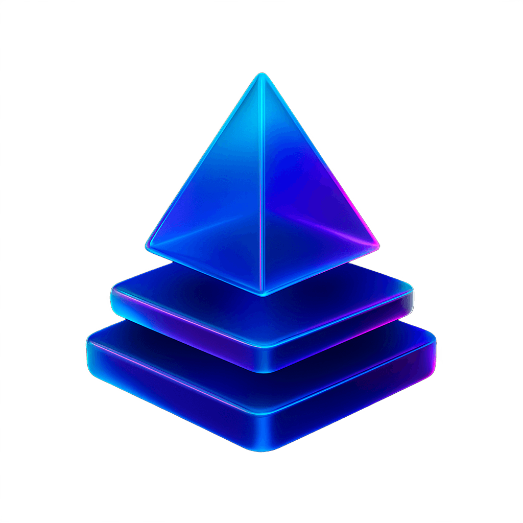 Neon pyramid above stacked layers.