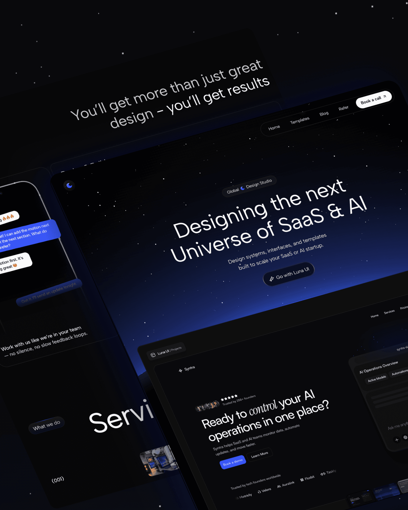 Dark futuristic website hero showcasing Luna UI design for SaaS and AI startups — modern layout, space-inspired background, and clear call-to-action button.