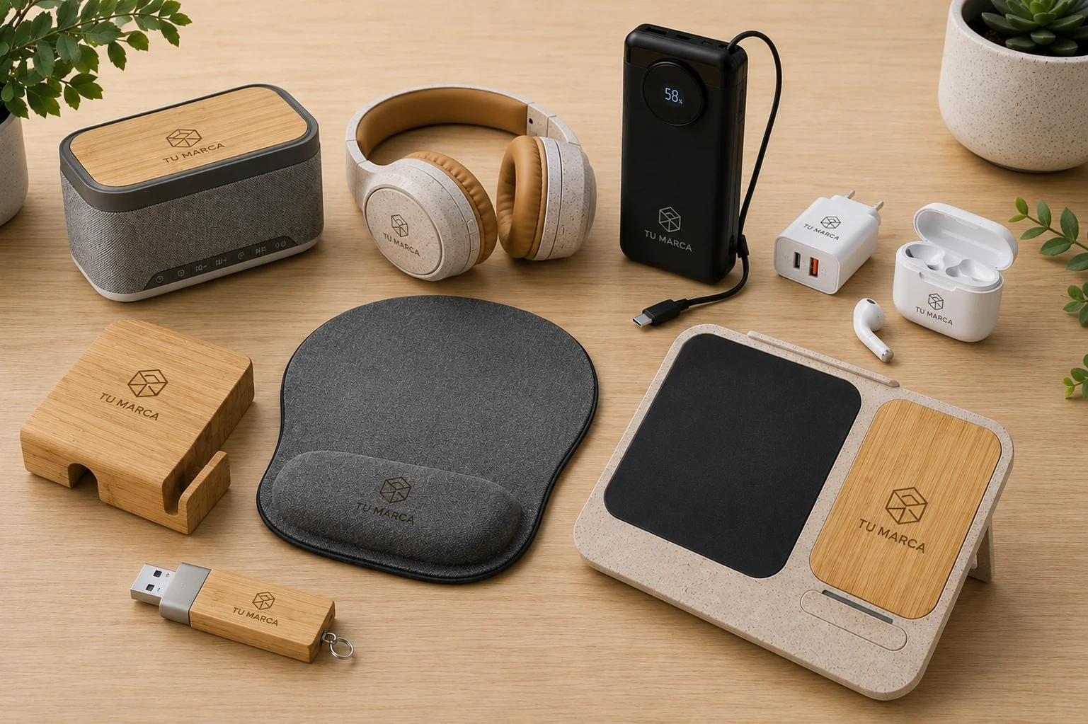 Pack tecnológico corporativo con auriculares, altavoz Bluetooth, cargador inalámbrico, USB y power bank personalizados