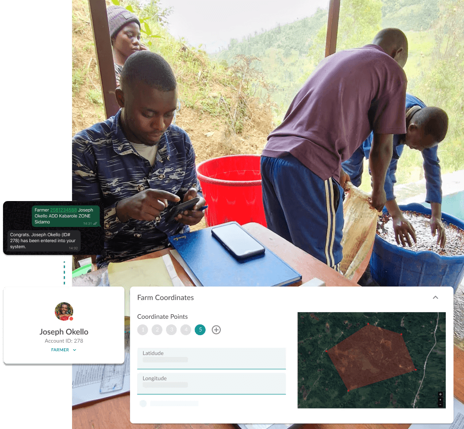 Farmer's in Rwanda using CultivoPro's app to create farmer accounts and add farm coordinates for EUDR compliance