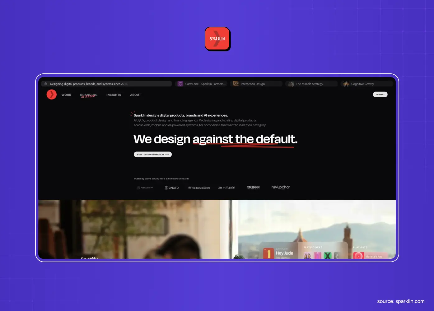 Sparklin homepage with the headline “We design against the default”, the word “default” underlined in red, above a client logo row.