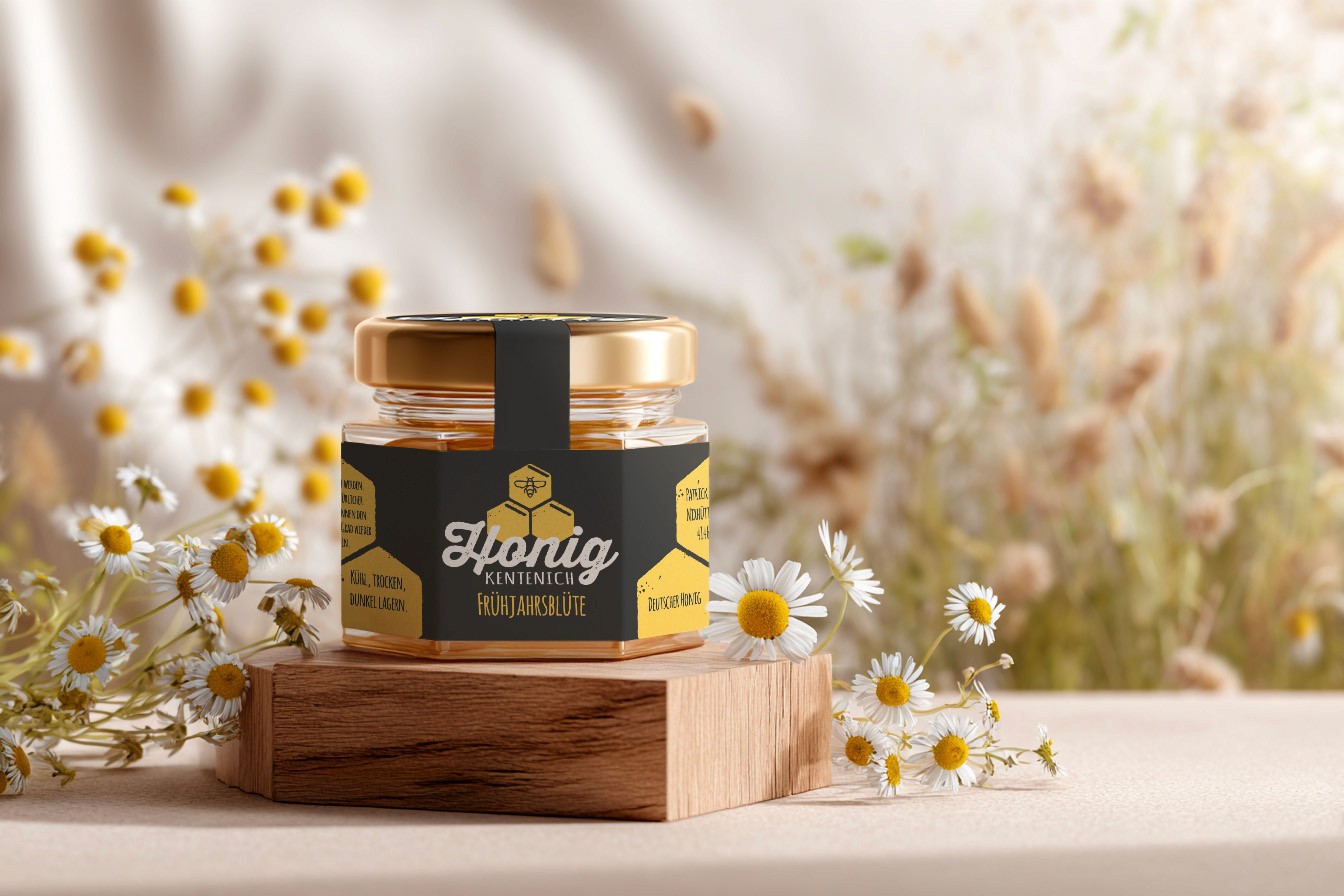 Detailaufnahme eines Honigglases mit modernem Etikettendesign für die Sorte Frühjahrsblüte, stilvoll inszeniert mit Holzpodest und Kamillenblüten. Professionelles Packaging Design für Honig Kentenich