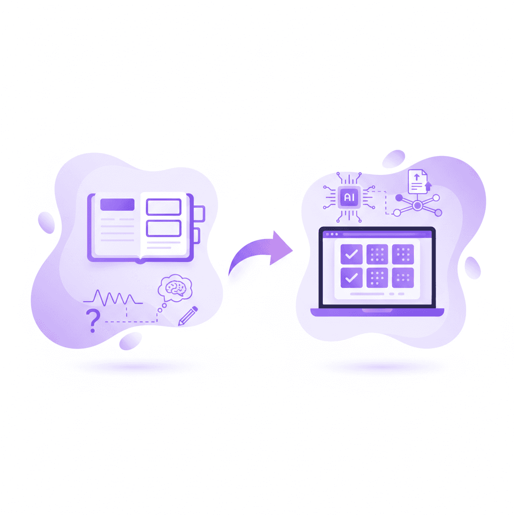 A split-screen illustration showing a student manually writing vocabulary flashcards on the left, and a student instantly generating digital flashcards on a laptop on the right.