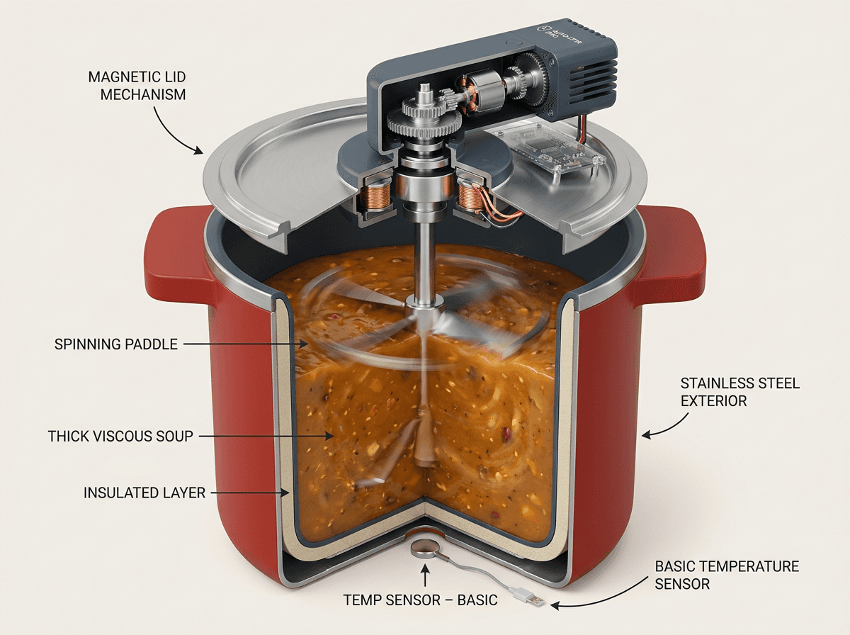 Self-cooking pot cross-section showing motorized paddle and temperature sensor