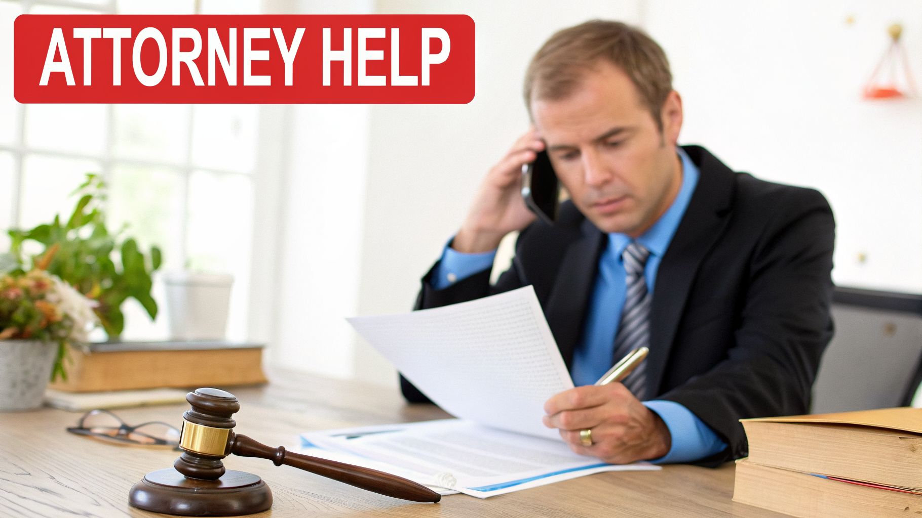 Attorney on phone reviews documents, with a gavel, legal books, and 'ATTORNEY HELP' text.