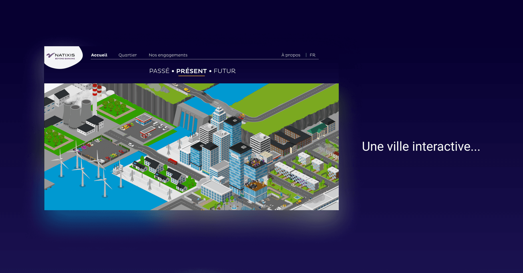 A picture presenting the concept: an "interactive city" in 3D isometric.