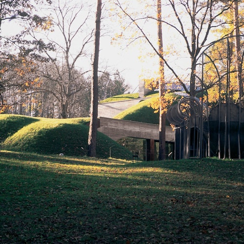 A modern building with green, grass-covered roofs blends into a forest landscape with tall, bare trees in autumn.