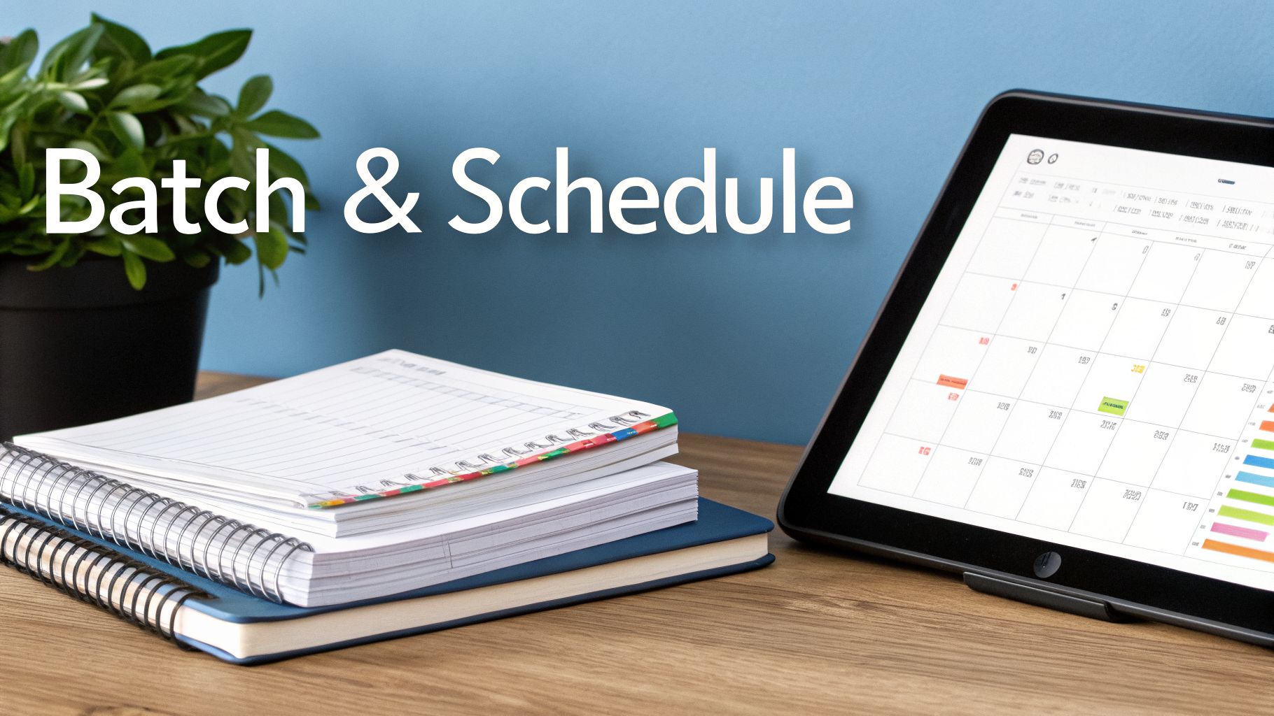 A plant, notebooks, and a tablet displaying a calendar with 'Batch & Schedule' text overlay.