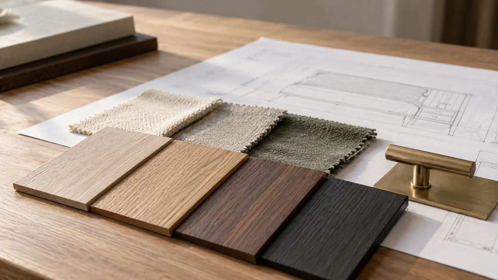 Spec samples on a drawing: wood finish chips, three fabric swatches and a brass handle
