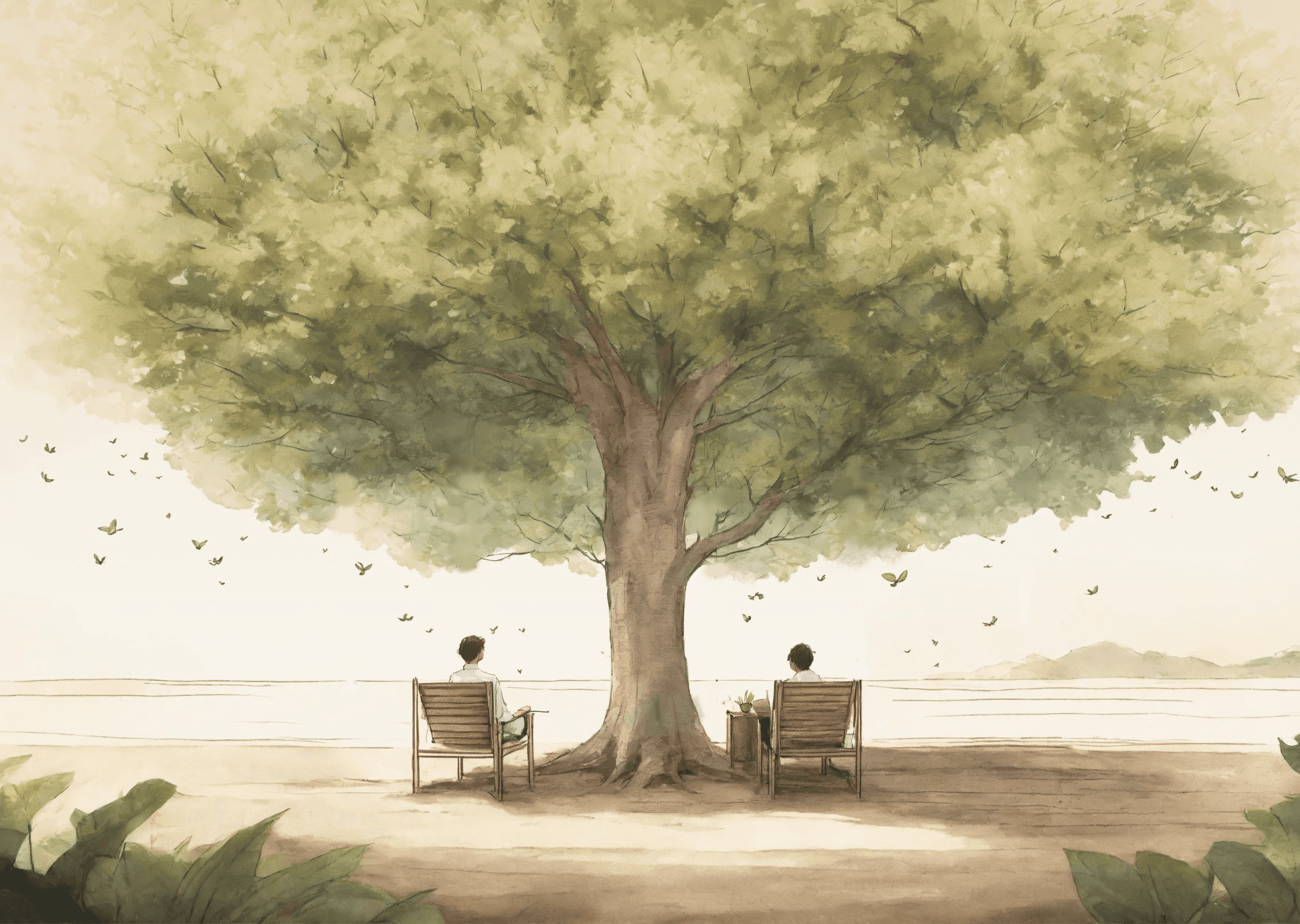 A watercolor illustration of two figures sitting in wooden chairs, facing away toward a pale horizon. They are positioned on either side of a large, leafy tree that anchors the center of the frame. Small green leaves or butterflies drift through the soft, muted atmosphere.