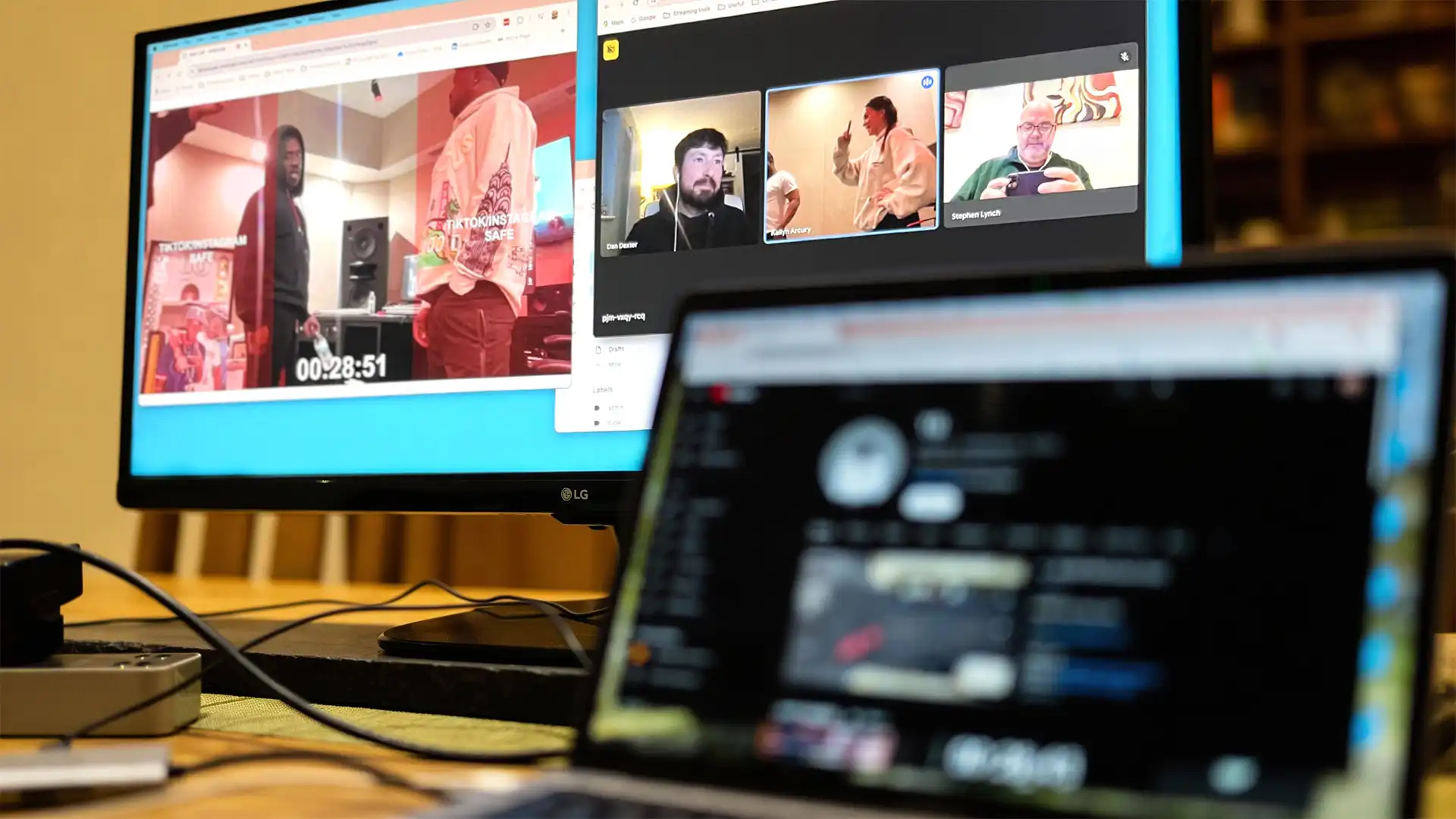 Behind-the-scenes view of a live stream being monitored across multiple screens and platforms.