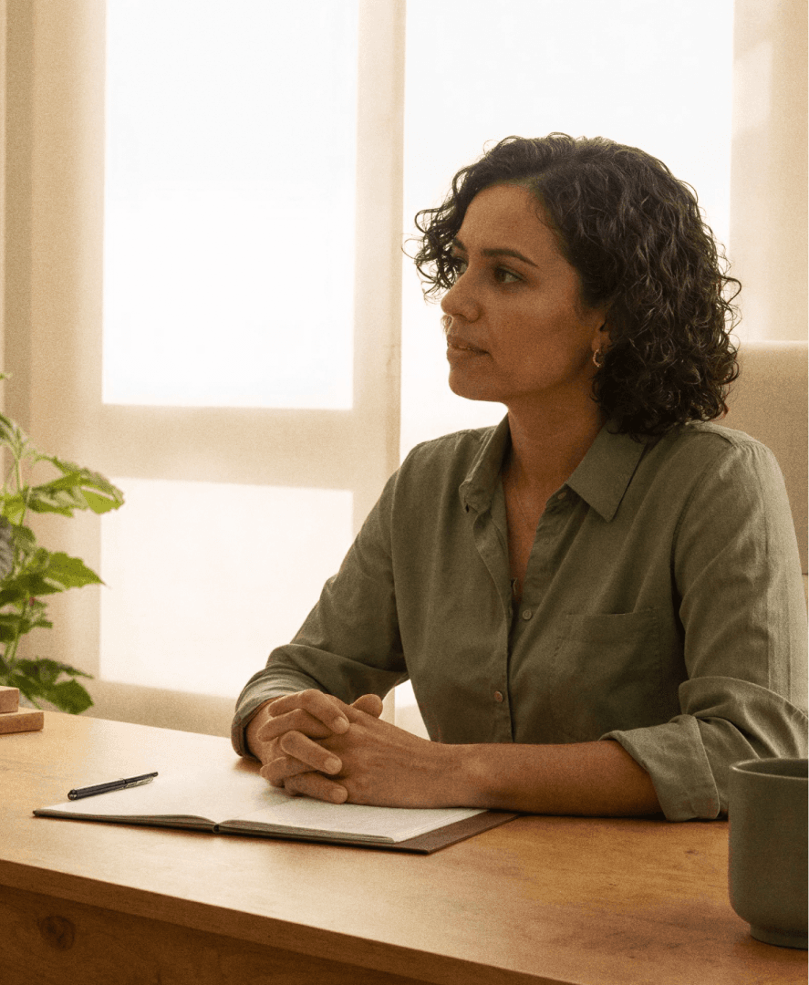 Mulher de cabelo cacheado, sentada à mesa de madeira com as mãos apoiadas sobre um caderno, caneta ao lado e uma caneca em primeiro plano, com luz suave ao fundo; imagem que ilustra análise de feedbacks em clínicas com a Tivita.