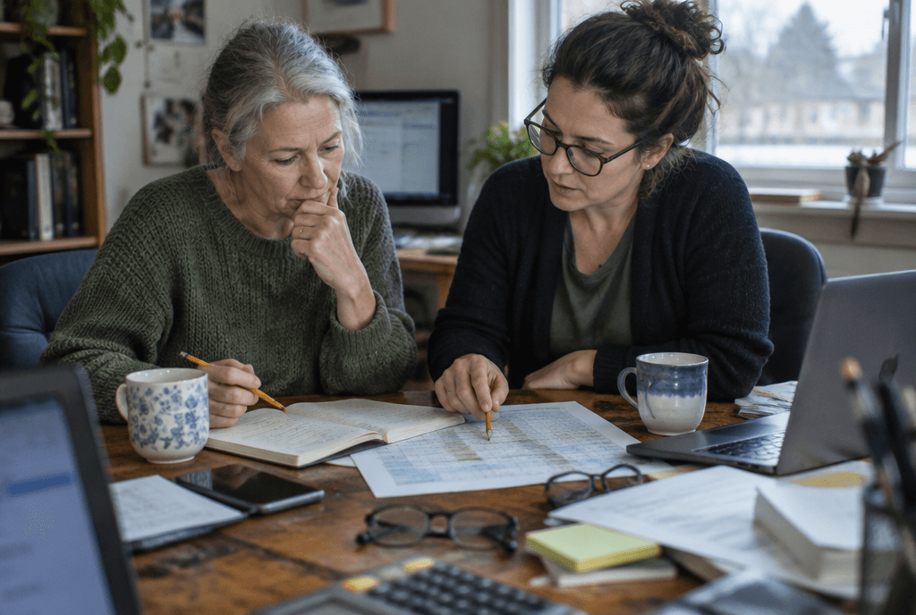 Small business owner and her accountant working through a printed website budget