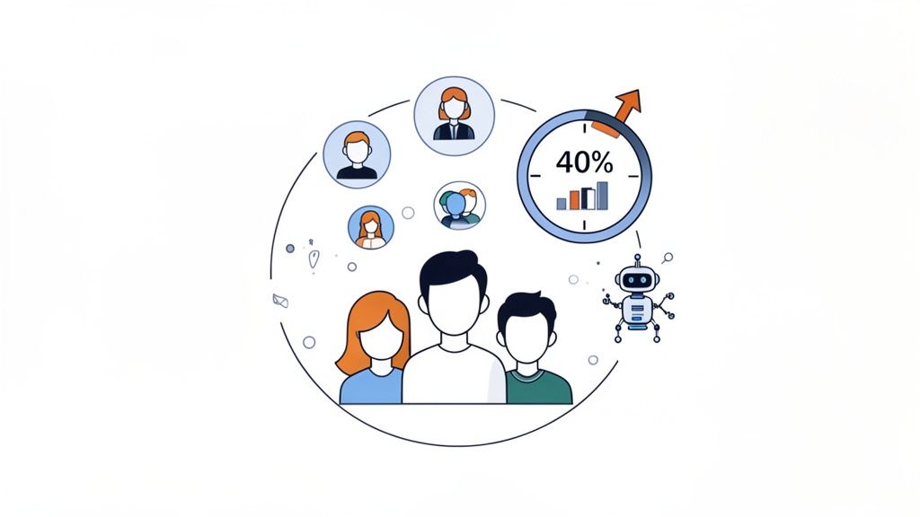 Illustration of diverse users, data analysis (40% growth), and AI robot for business efficiency.