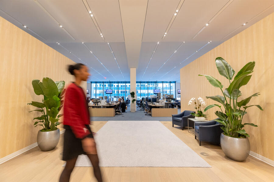 two people in a workspace working on their laptops