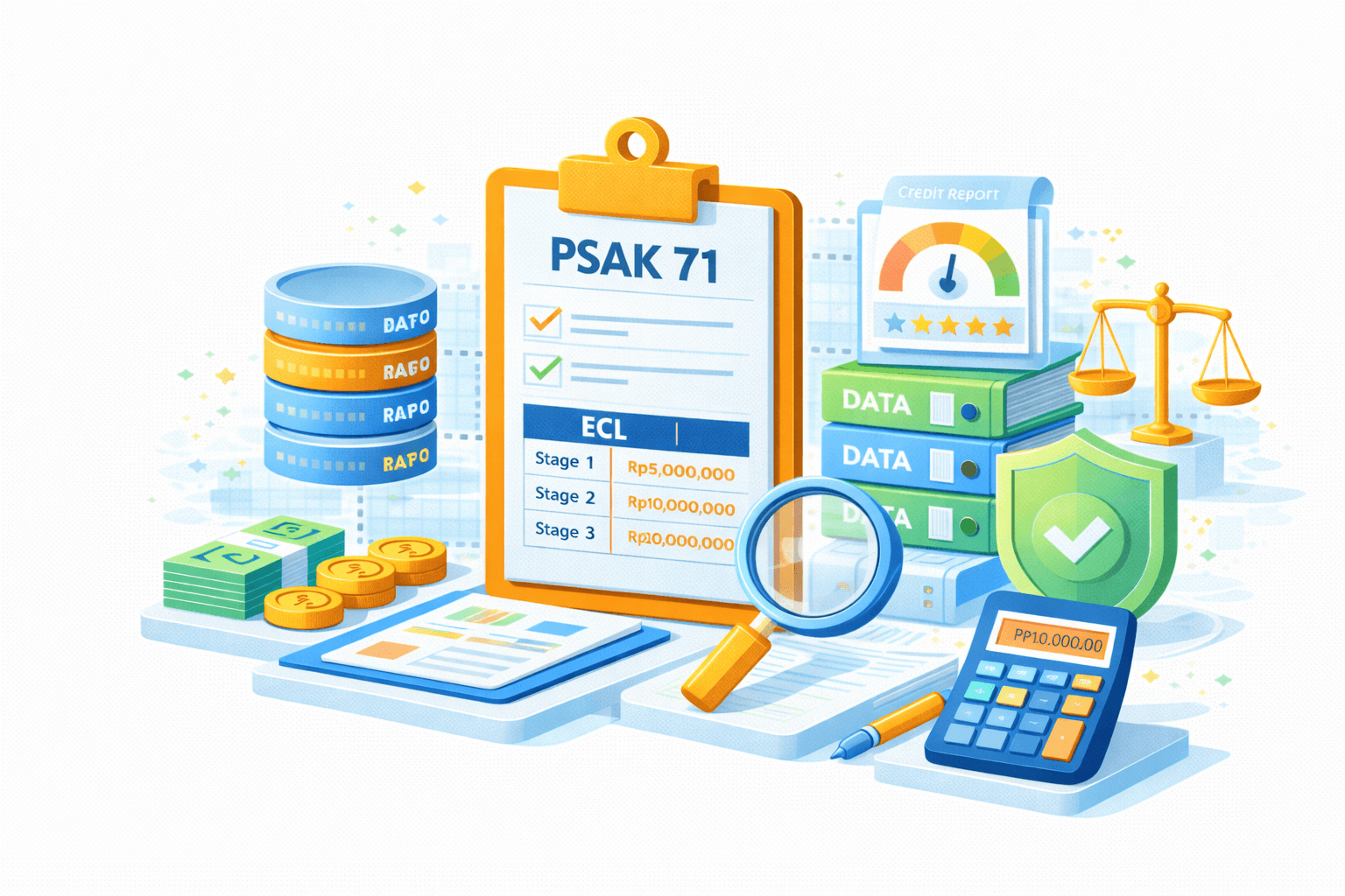 Ilustrasi PSAK 71 / IFRS 9 – Expected Credit Loss (ECL) & credit risk assessment. Di tengah terdapat clipboard “PSAK 71” dengan checklist kepatuhan dan tabel ECL per Stage 1, Stage 2, Stage 3 beserta nilai rupiah. Di kiri terlihat sumber data (tumpukan database), uang/koin, dan dokumen analitik. Di kanan terdapat credit report dengan risk gauge, timbangan keadilan, perisai hijau bertanda centang (kepatuhan), serta kalkulator. Kaca pembesar menandakan proses review/audit. Visual menggambarkan klasifikasi aset, pengukuran ECL, penilaian risiko kredit, dan kepatuhan PSAK 71 secara terintegrasi.