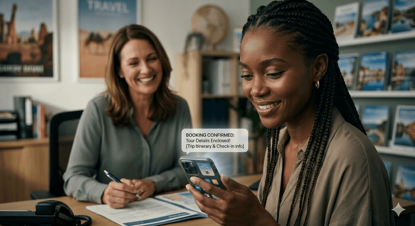 2 Women Seated at a table While one receives a digital booking confirmation