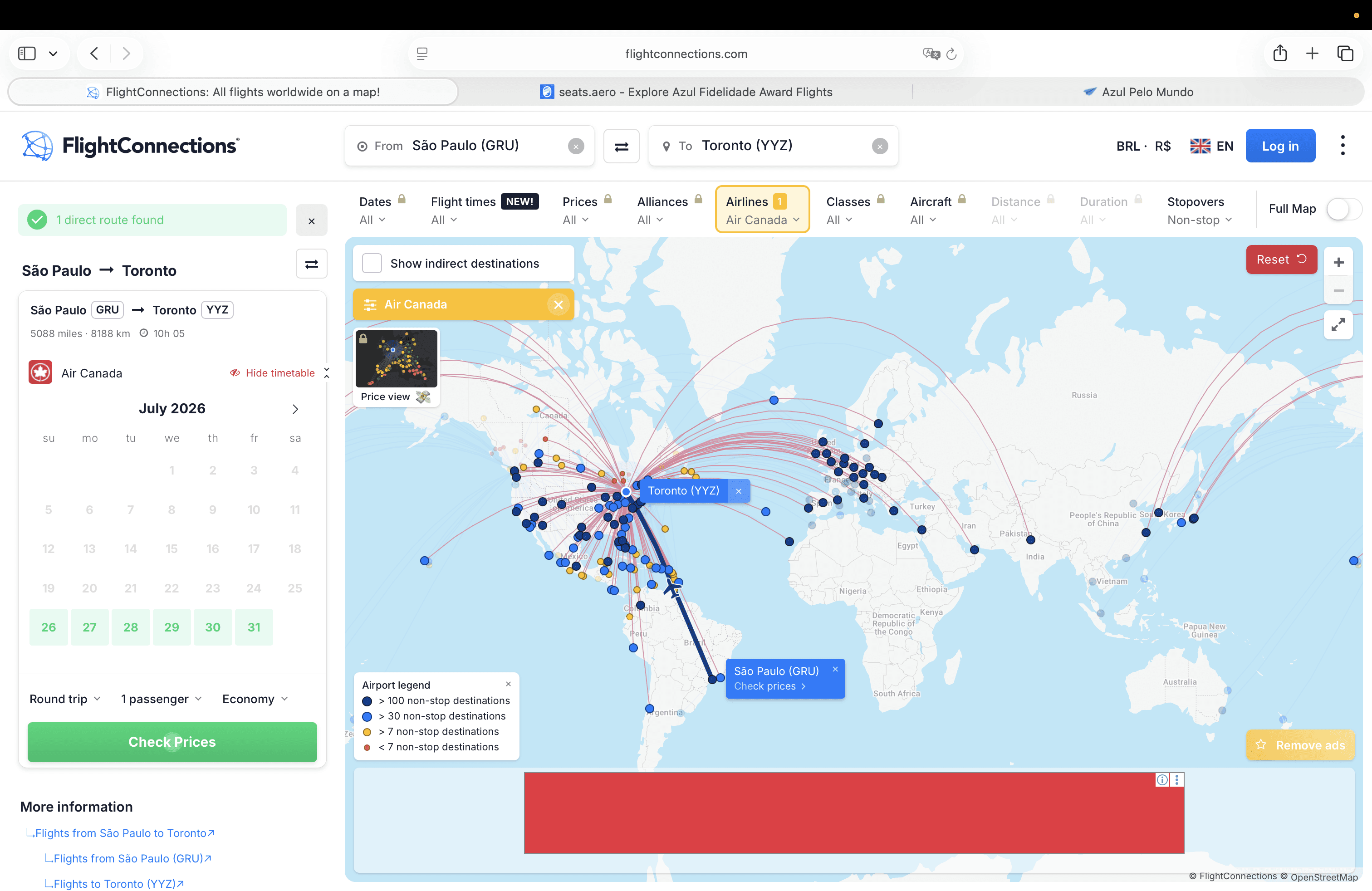Mapa do FlightConnections mostrando o voo direto entre São Paulo (GRU) e Toronto (YYZ), operado pela Air Canada.