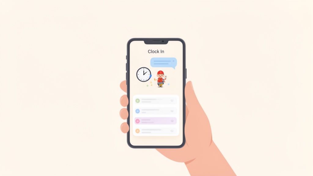 A hand holds a smartphone displaying a 'Clock In' app interface with a clock icon.
