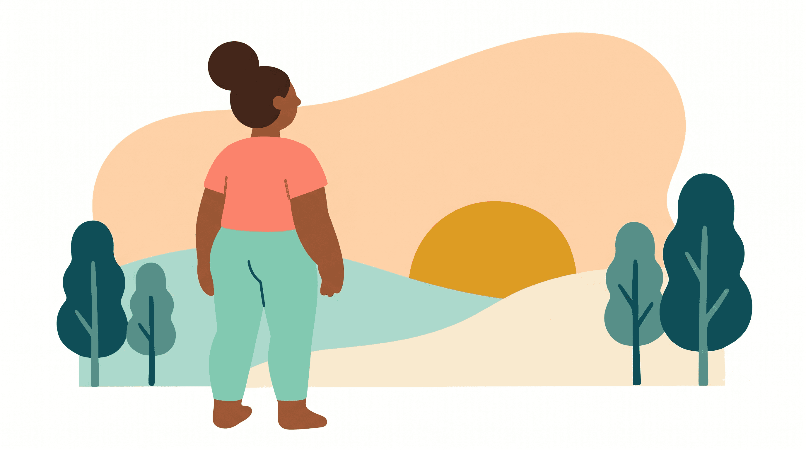 Flat illustration of a dark-skinned woman seen from behind, standing tall in a coral top and teal leggings, looking out over a simple graphic landscape of rolling hills, stylised trees and a large mustard sun on the horizon. Her posture is upright and easy. The mood is expansive and forward-looking.
