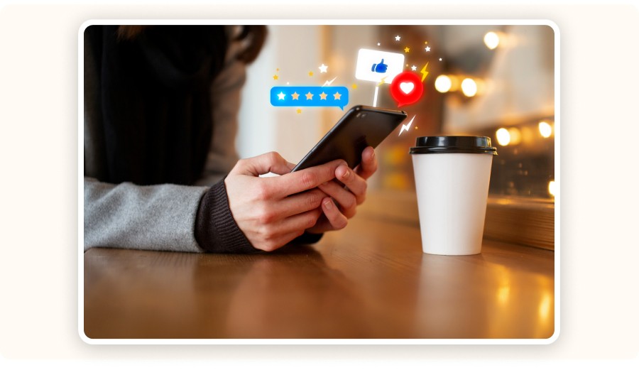 Person using smartphone with floating ratings, likes, and social feedback icons