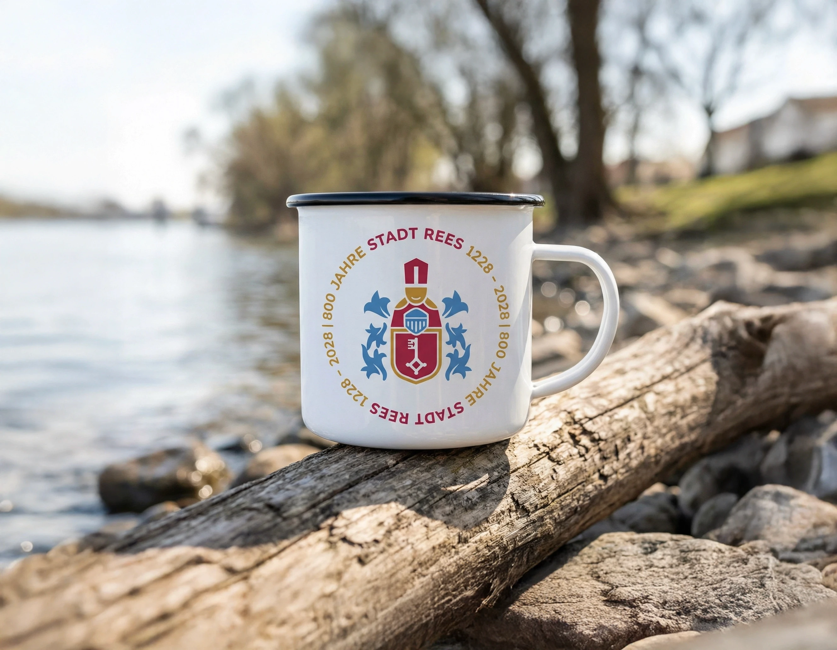 Emaille-Tassen-Mockup mit Jubiläumslogo ‚800 Jahre Stadt Rees 1228–2028‘ – Branding-Anwendung auf Merchandising.