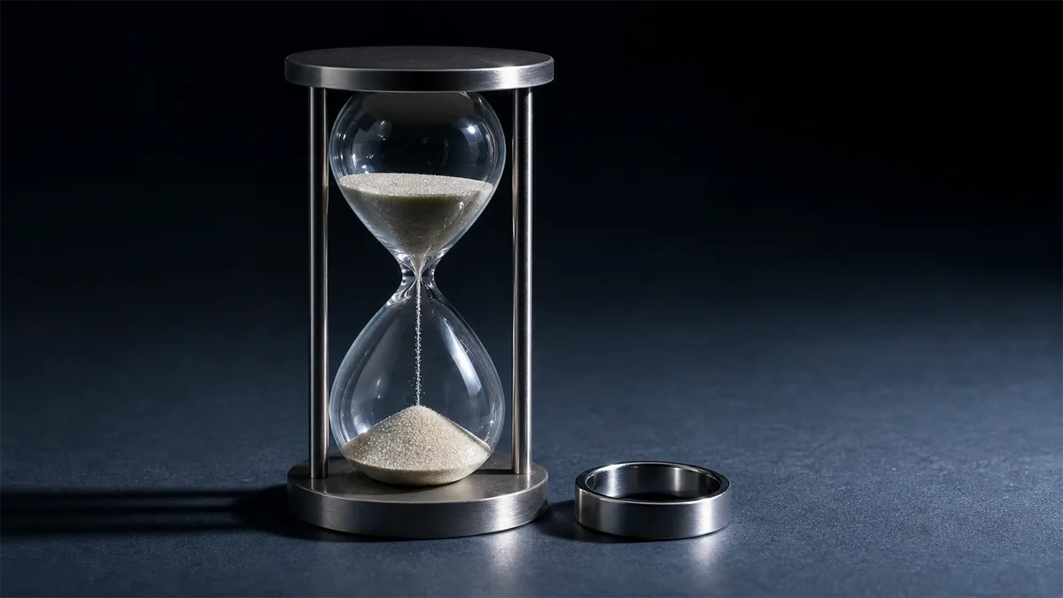 Sand falling through a plain hourglass beside a metal smart tasbih ring