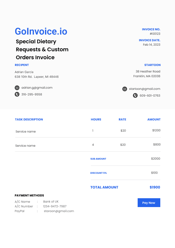 Special Dietary Requests & Custom Orders Invoice