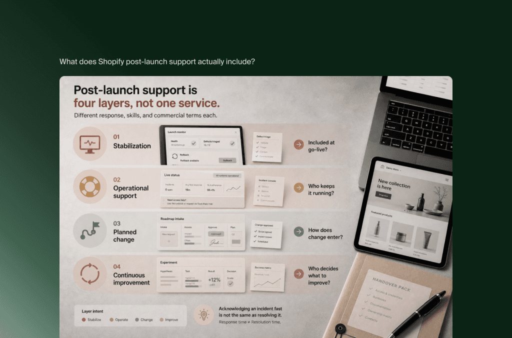 Shopify-Support nach dem Launch in vier Ebenen: Stabilisierung, Betrieb, geplante Änderungen und laufende Optimierung