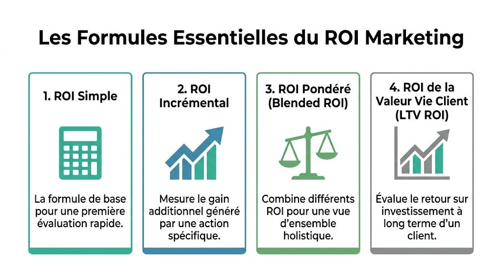 Infographie présentant les quatre formules essentielles pour calculer le retour sur investissement dans une stratégie marketing.