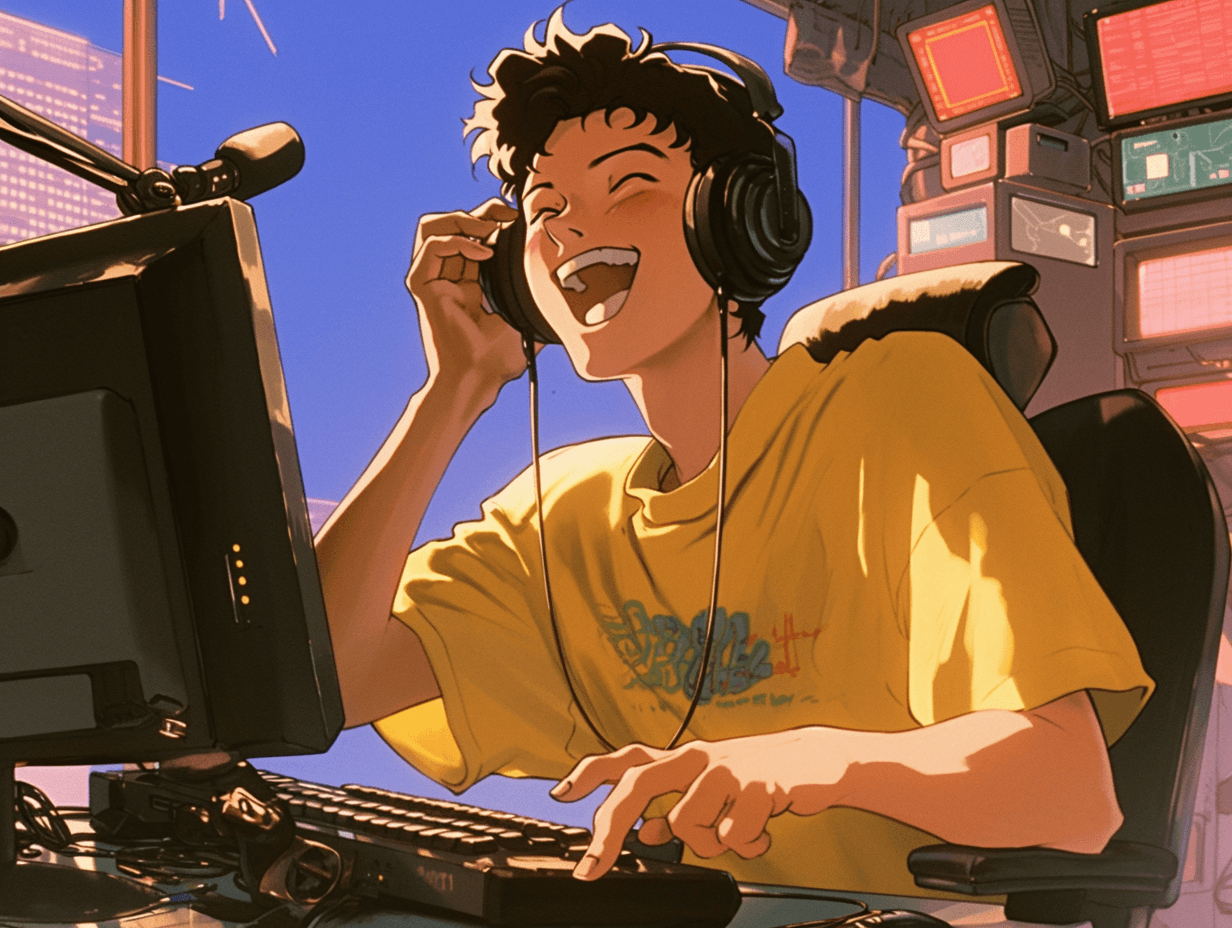 A man on computer talking to someone in anime style