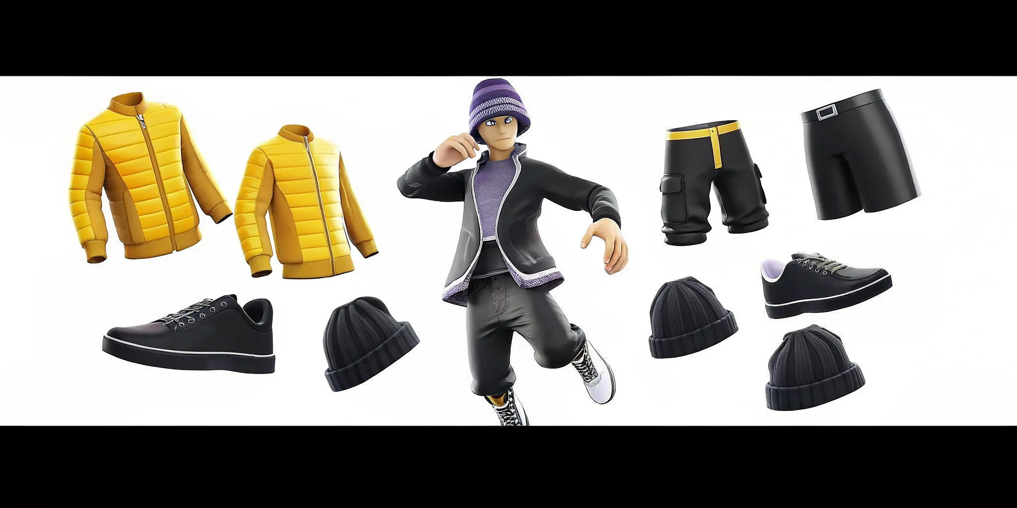 A stylized game character wearing interchangeable digital outfits with modular garment pieces floating around it