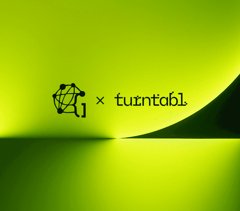 Turntabl and Global Code partnership graphic with bright yellow and black background and both logos displayed.